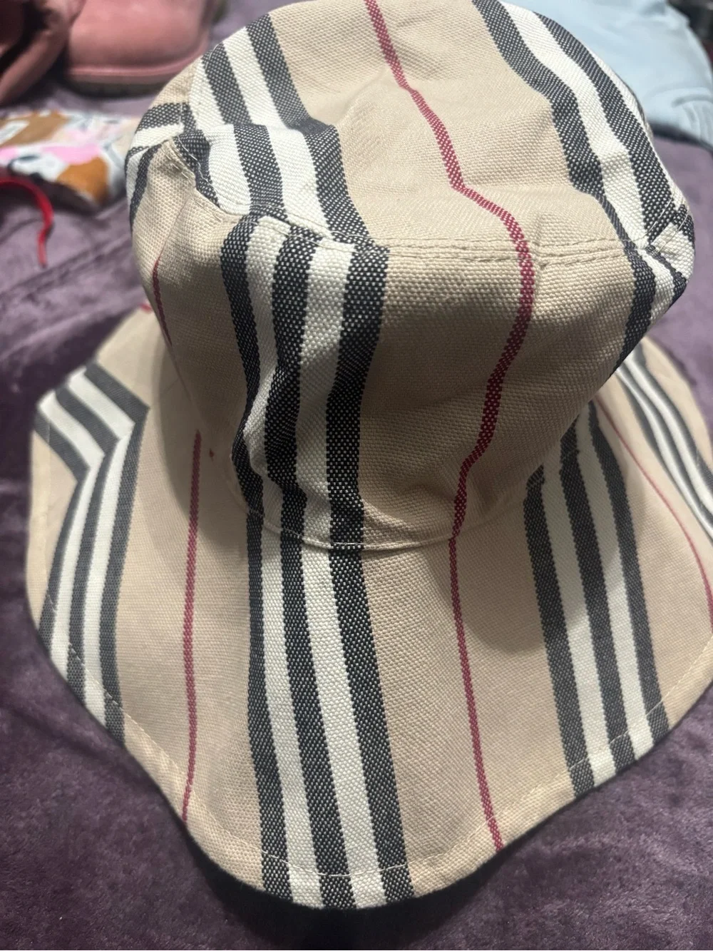 Burberry Beige, Black & Red Striped Bucket Hat